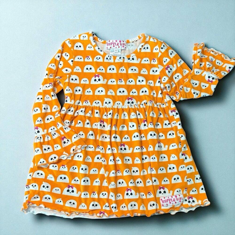Ruffle Girl Halloween Cute Ghost Orange Long Sleeve Tunic Top Size 5 - Play Cond
